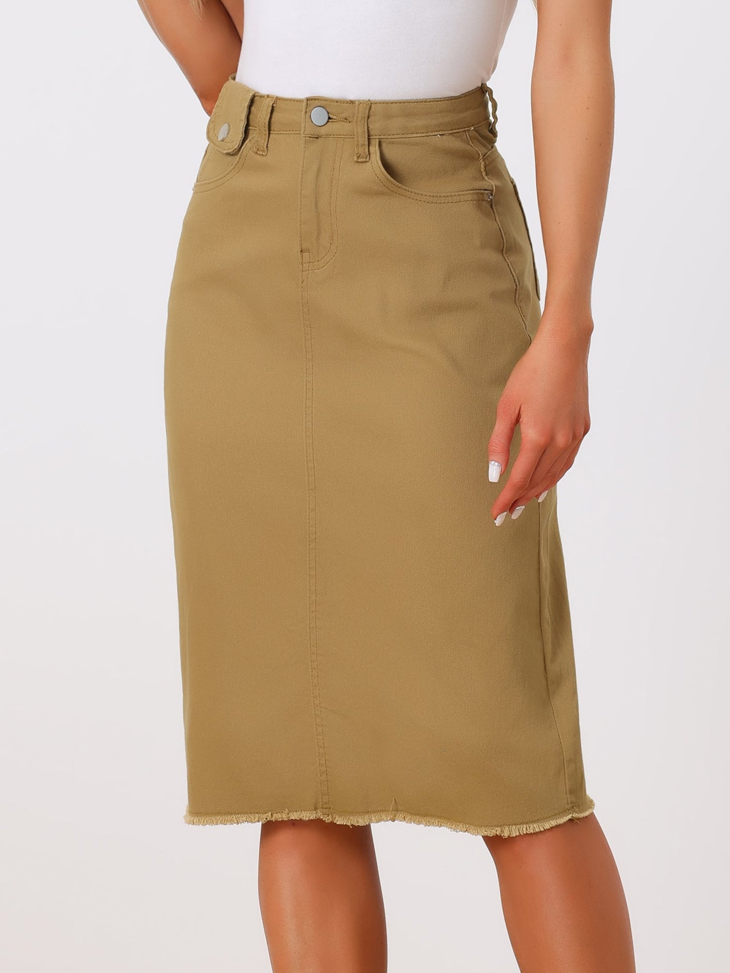 Elegant Denim Midi Skirt for Women with High Waist Fitted Straight Style