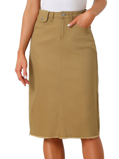 Elegant Denim Midi Skirt for Women with High Waist Fitted Straight Style