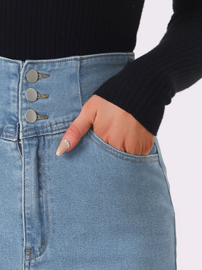 Elegant Denim Midi Skirt for Women with High Waist Fitted Side Slit Style