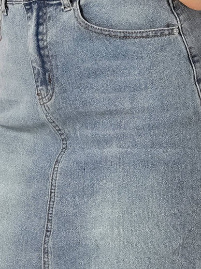 Elegant Denim Midi Skirt for Women with High Waist Fitted Straight Style