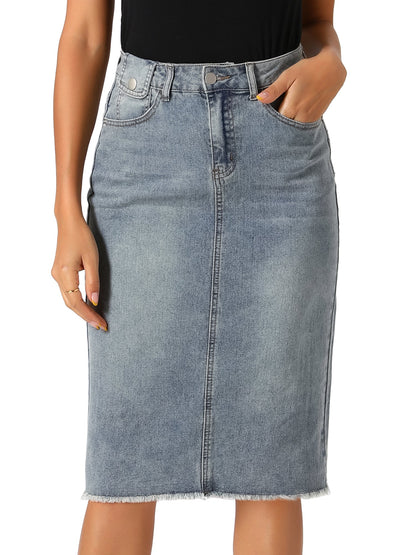 Elegant Denim Midi Skirt for Women with High Waist Fitted Straight Style