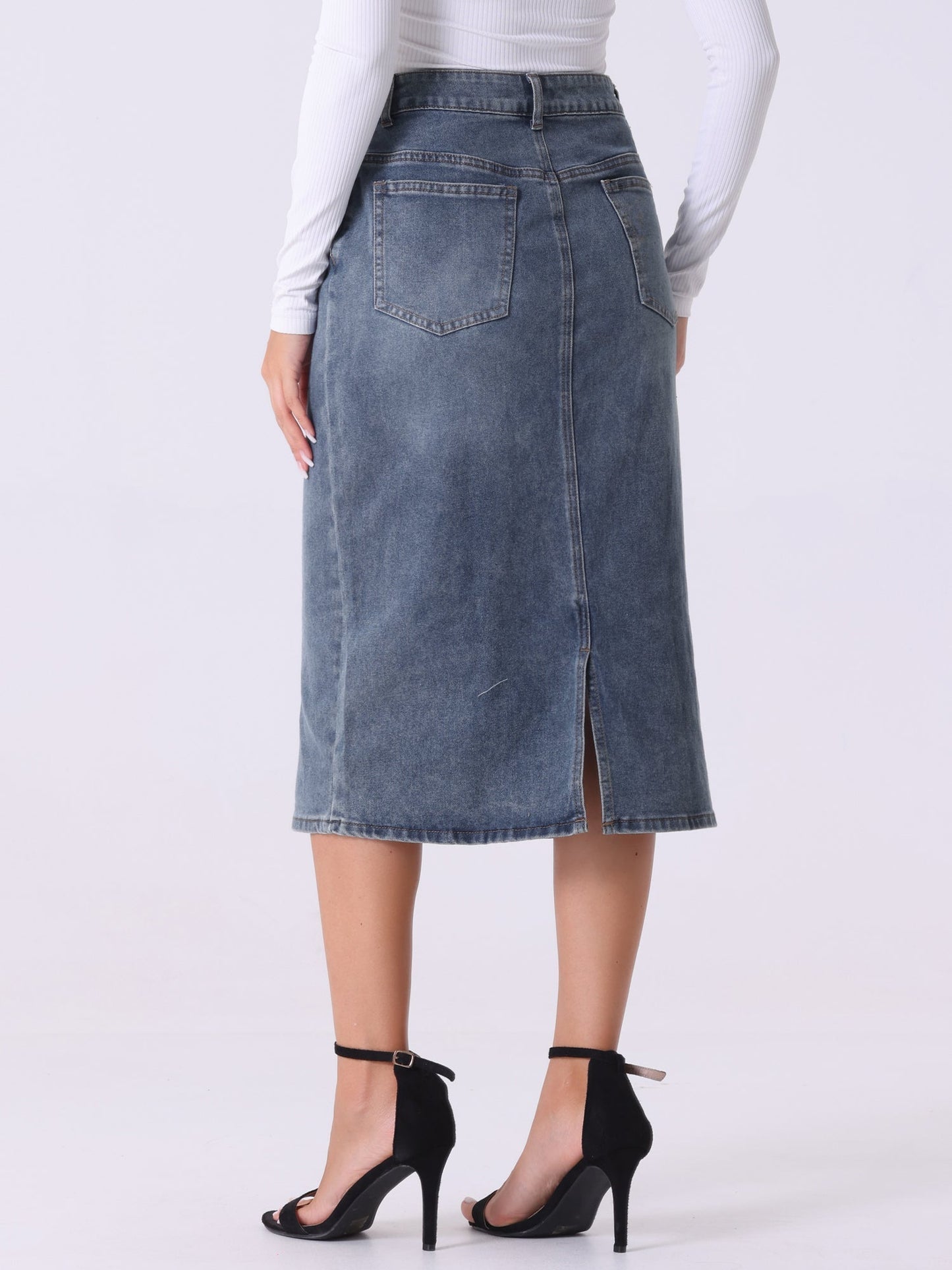 Elegant Grey Blue Denim Midi Skirt for Women with High Waist Fitted Straight Style