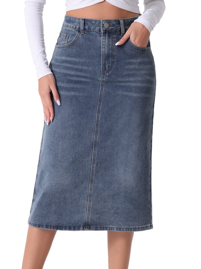 Elegant Grey Blue Denim Midi Skirt for Women with High Waist Fitted Straight Style