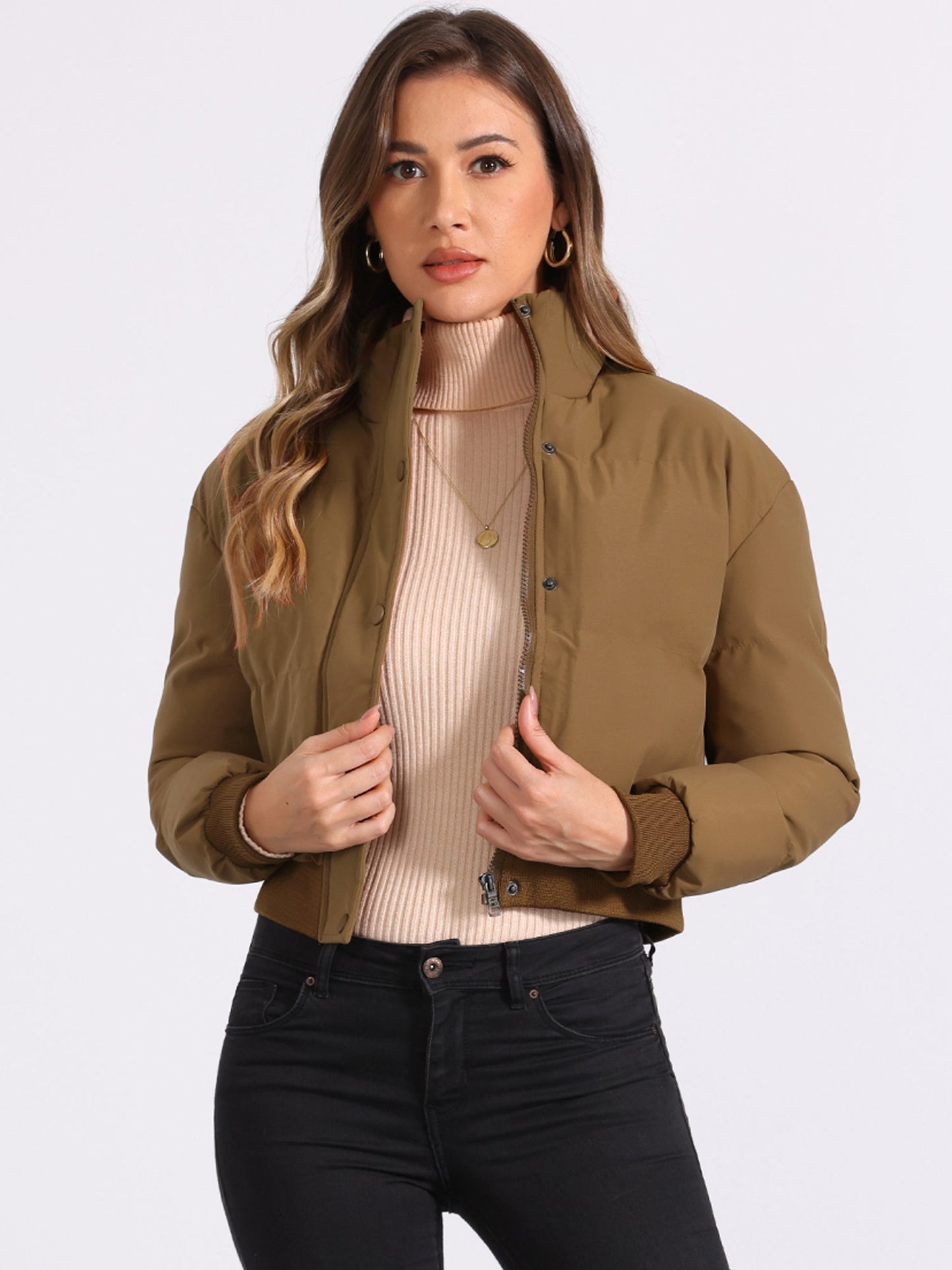 Effortless Bomber Jacket for Women with Stand Collar Zip Front Ribbed Cuff Style