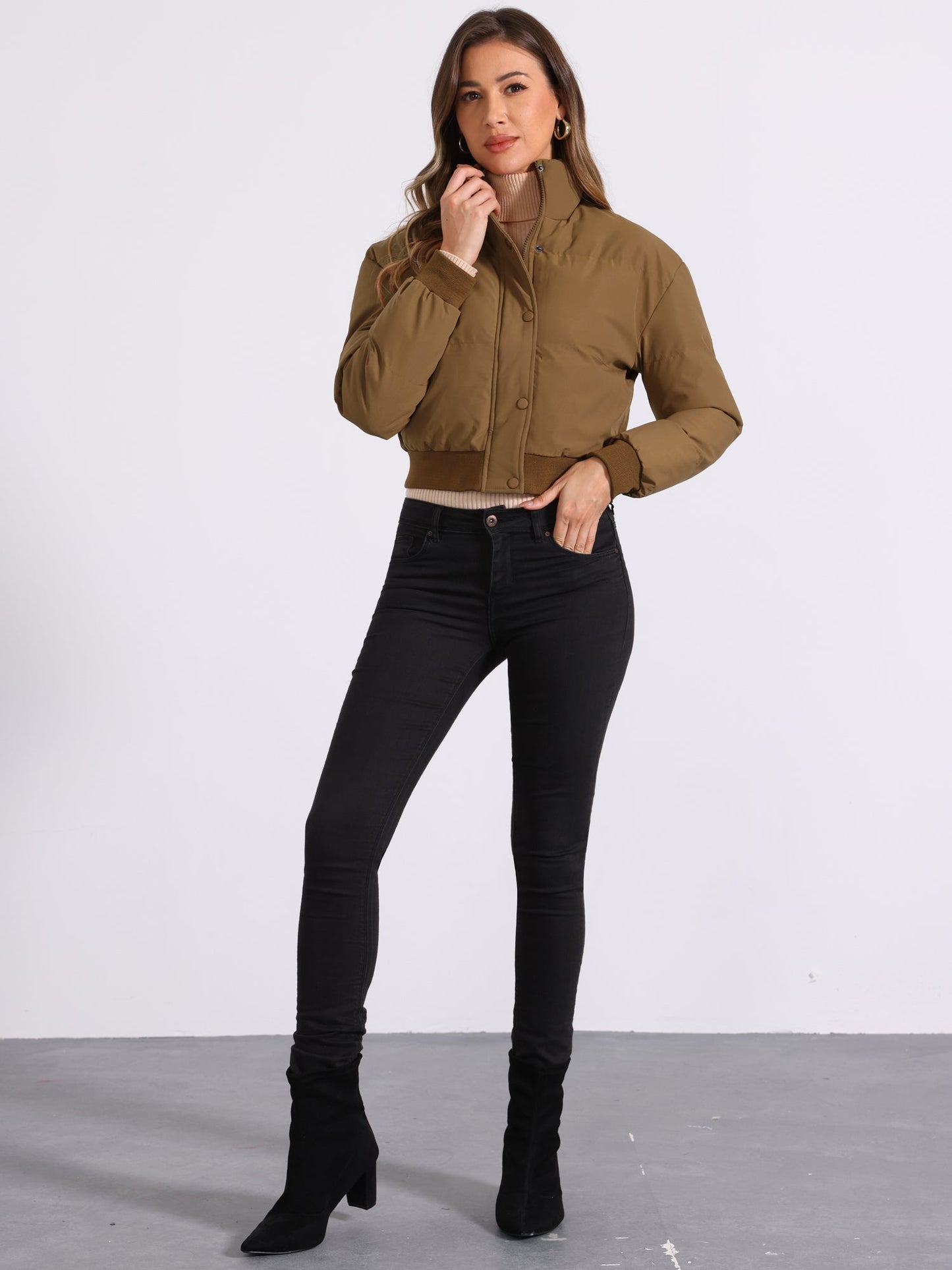 Effortless Bomber Jacket for Women with Stand Collar Zip Front Ribbed Cuff Style
