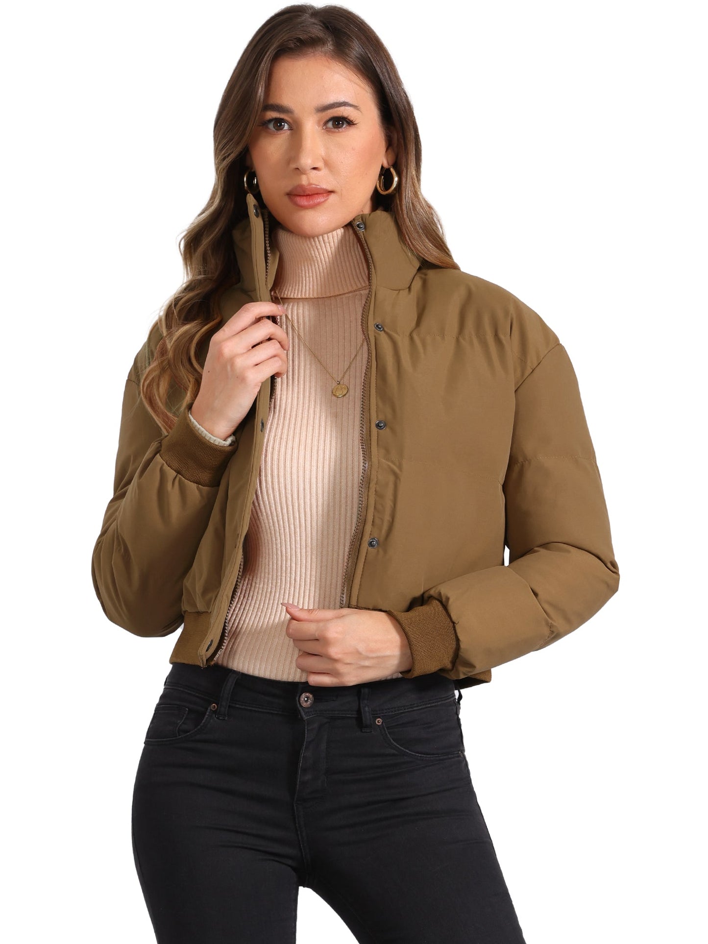 Effortless Bomber Jacket for Women with Stand Collar Zip Front Ribbed Cuff Style