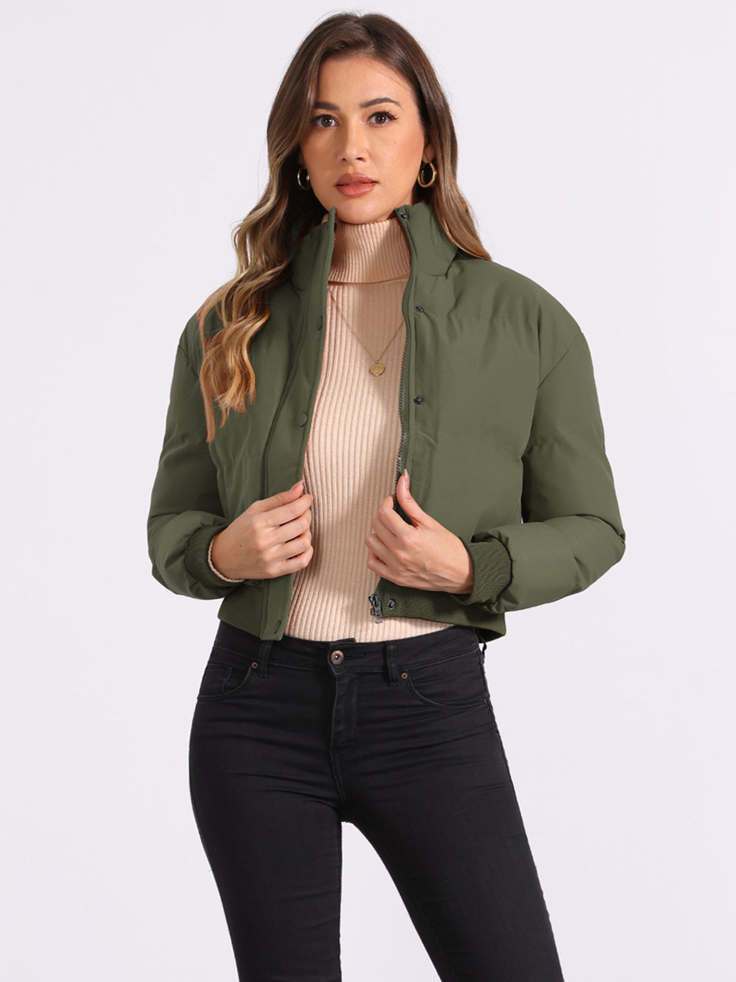Effortless Bomber Jacket for Women with Stand Collar Zip Front Ribbed Cuff Style