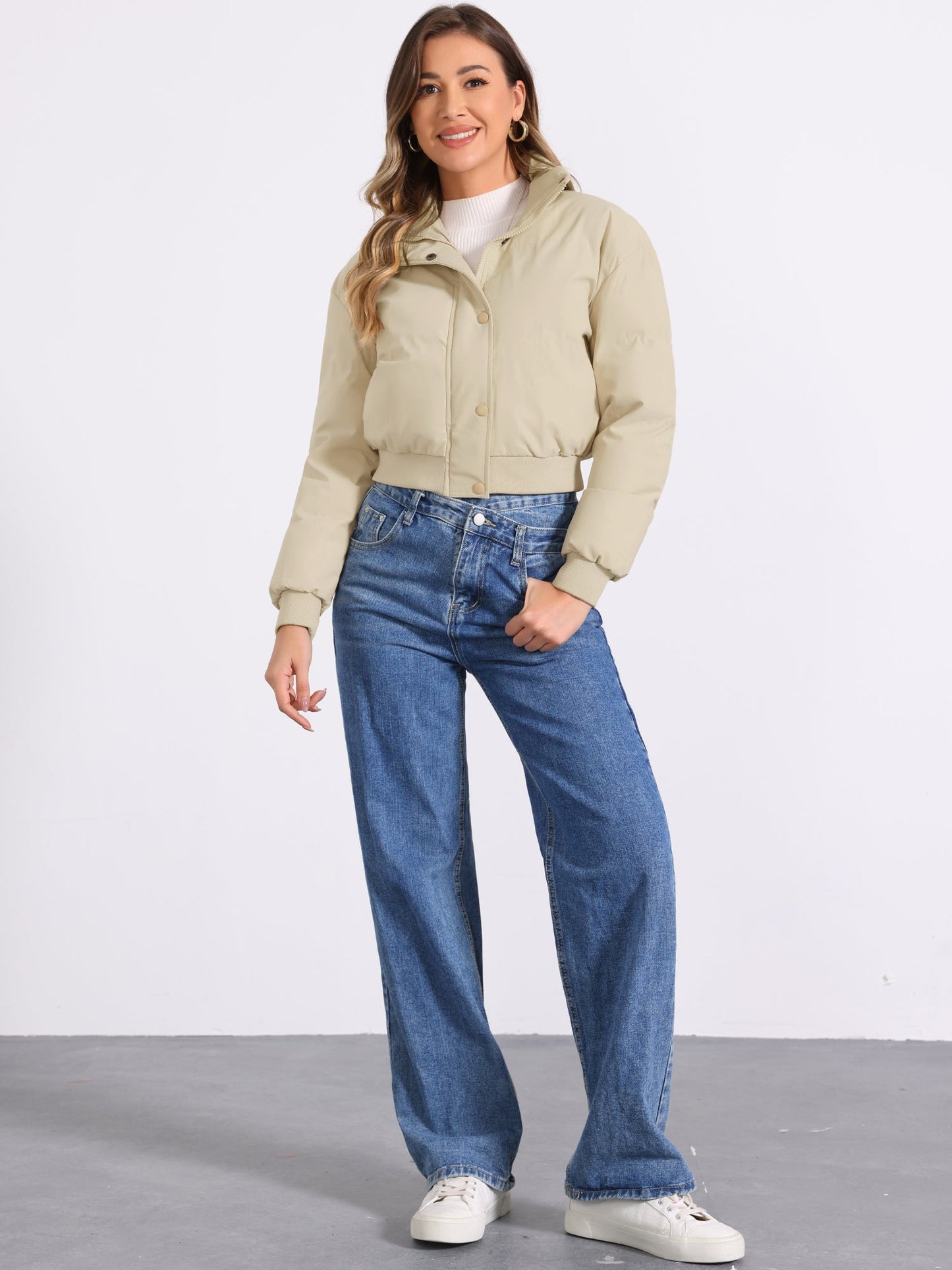 Effortless Bomber Jacket for Women with Stand Collar Zip Front Ribbed Cuff Style