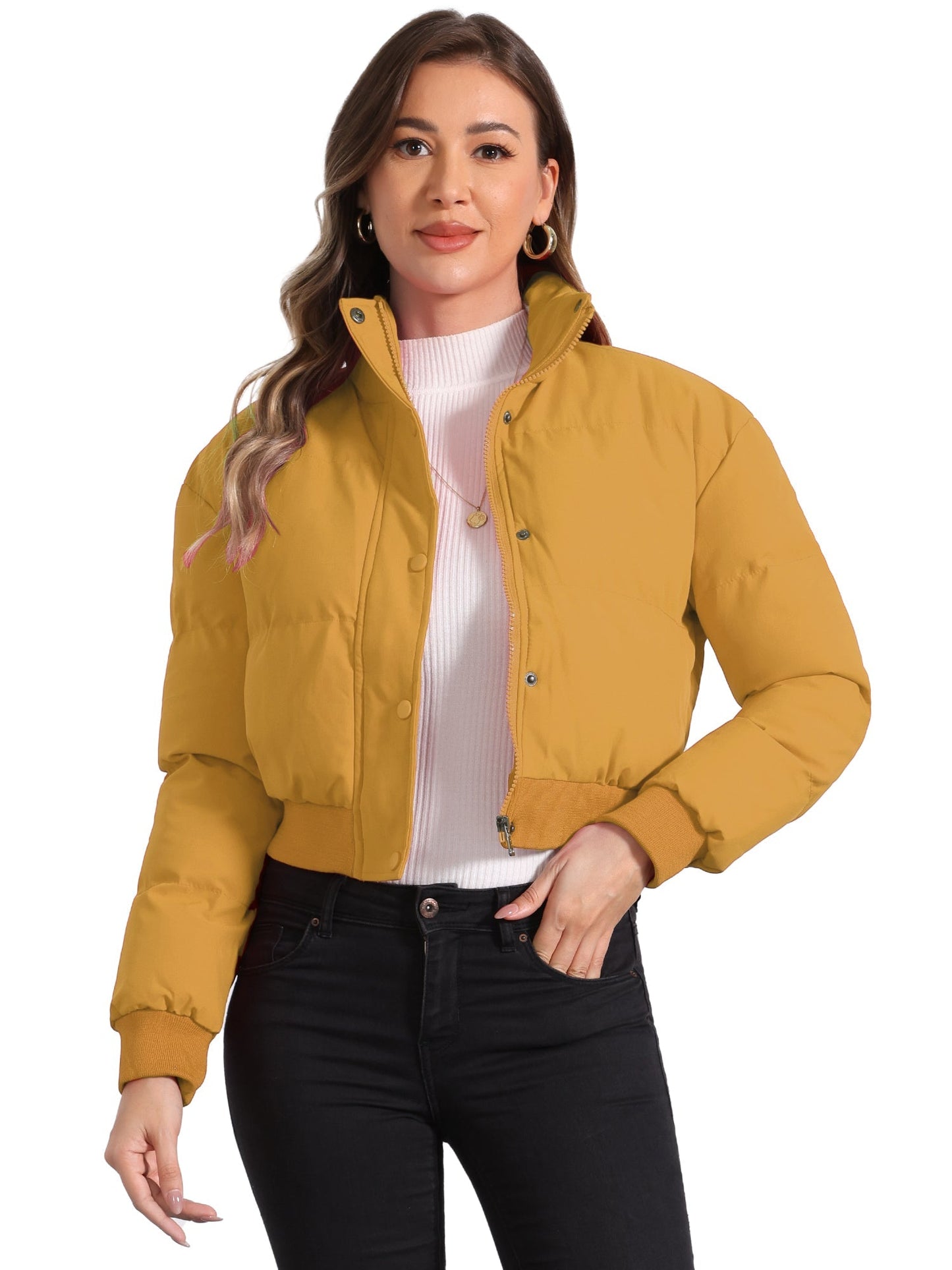 Effortless Bomber Jacket for Women with Stand Collar Zip Front Ribbed Cuff Style
