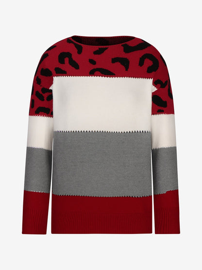 Effortless Colorblock Leopard Sweater for Women with Crew Neck Long Sleeve Style