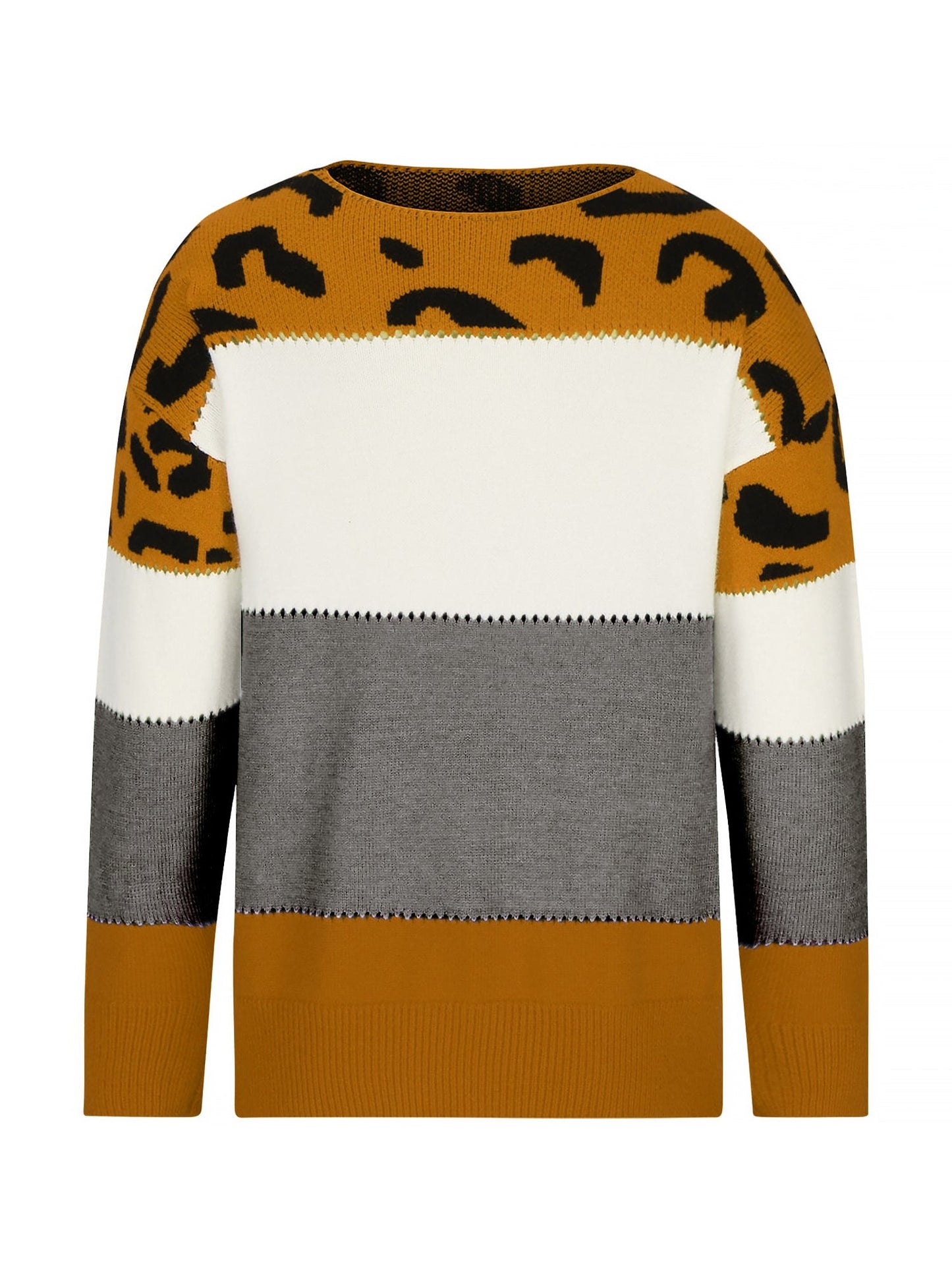 Effortless Colorblock Leopard Sweater for Women with Crew Neck Long Sleeve Style