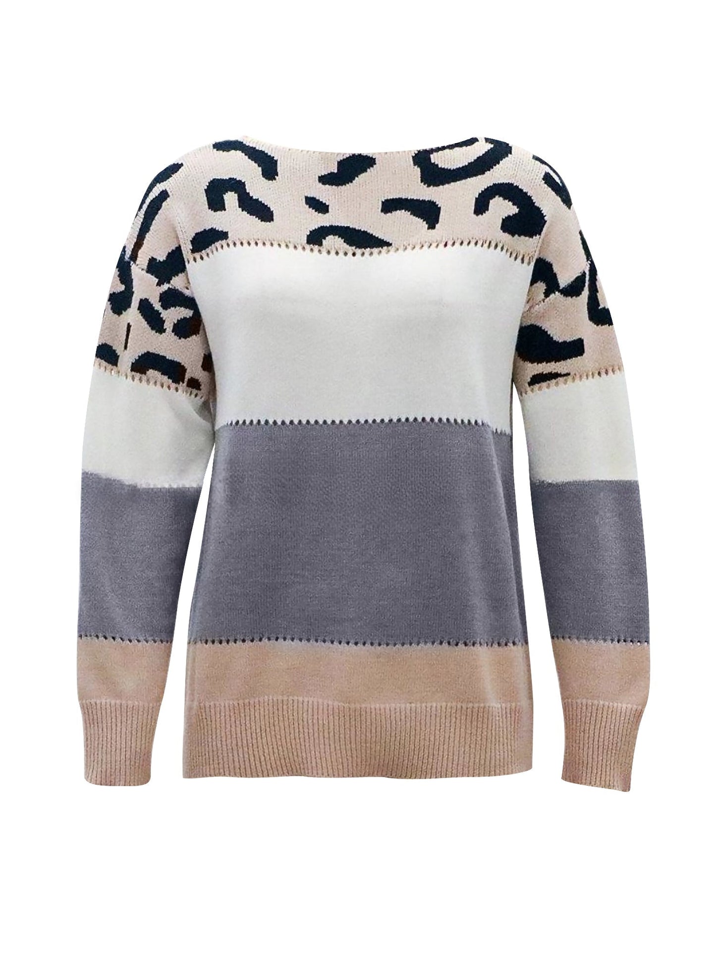 Effortless Colorblock Leopard Sweater for Women with Crew Neck Long Sleeve Style