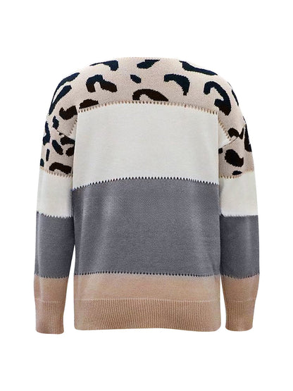 Effortless Colorblock Leopard Sweater for Women with Crew Neck Long Sleeve Style