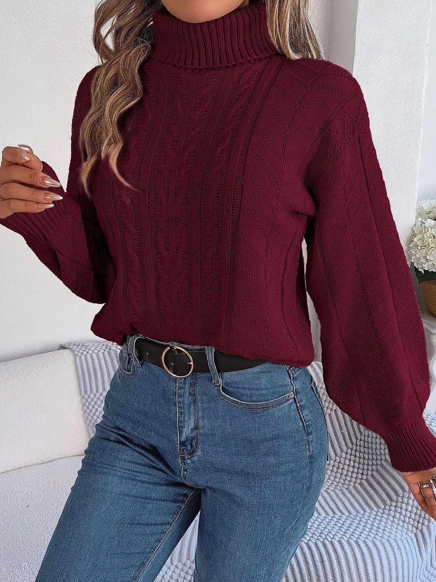 Comfortable Cable Knit Sweater for Women with Turtleneck Long Sleeve Style