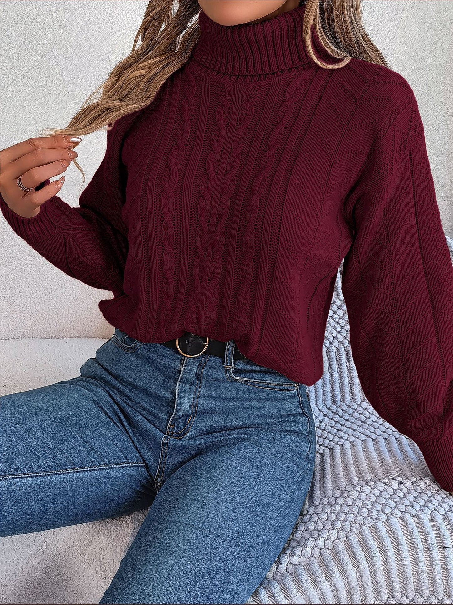 Comfortable Cable Knit Sweater for Women with Turtleneck Long Sleeve Style