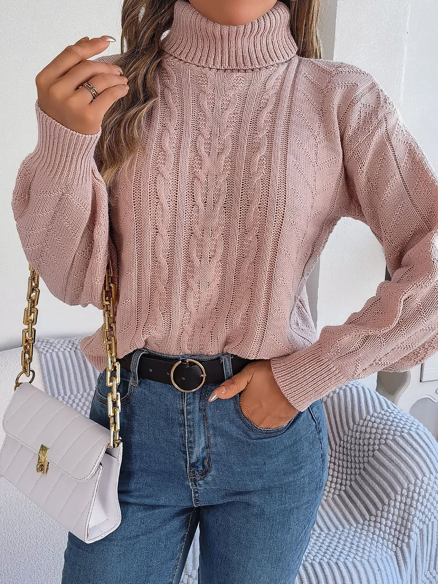 Comfortable Cable Knit Sweater for Women with Turtleneck Long Sleeve Style