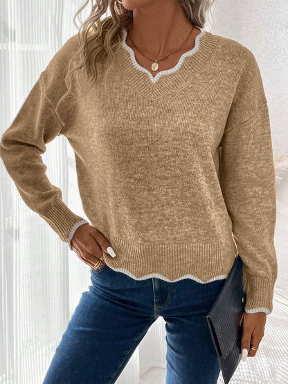 Comfortable Knit Sweater for Women with Split Neck Long Sleeve Relaxed Style