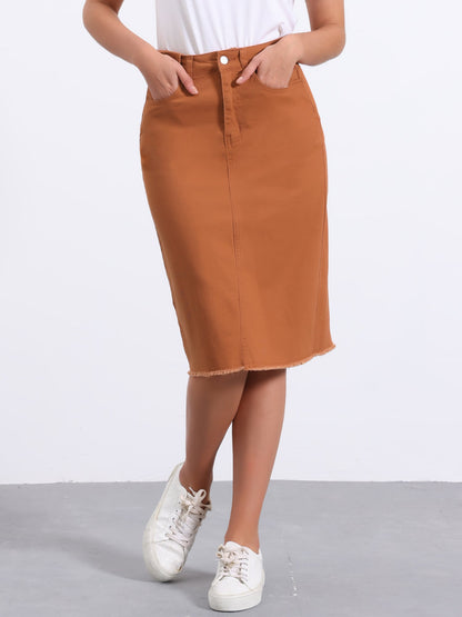 Elegant Denim Midi Skirt for Women with High Waist Fitted Straight Style