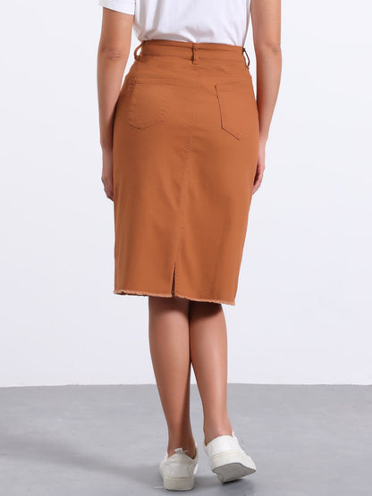 Elegant Denim Midi Skirt for Women with High Waist Fitted Straight Style