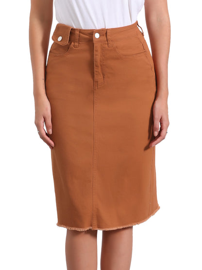 Elegant Denim Midi Skirt for Women with High Waist Fitted Straight Style