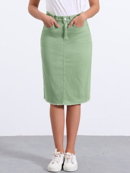 Elegant Denim Midi Skirt for Women with High Waist Fitted Straight Style