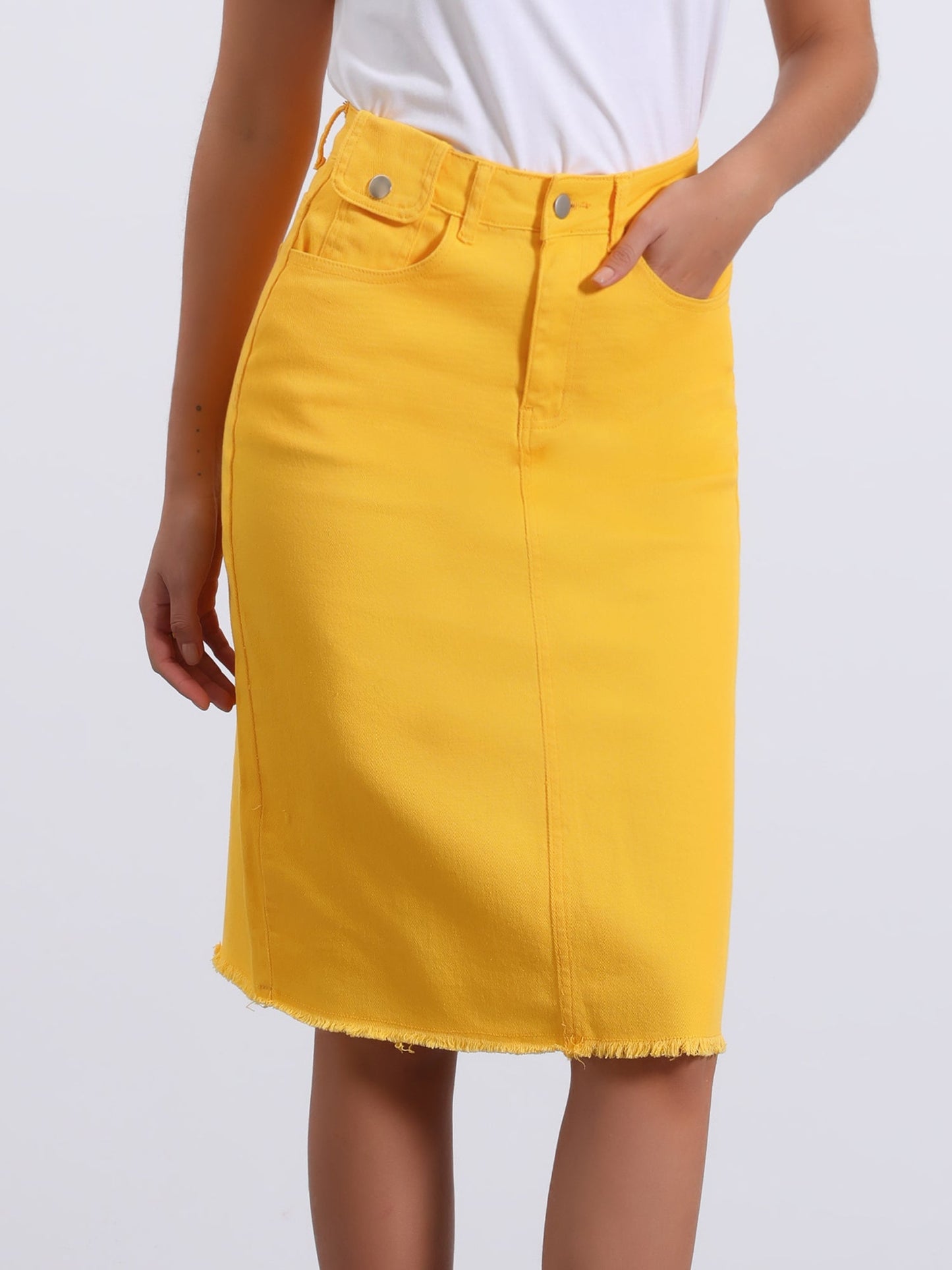 Elegant Denim Midi Skirt for Women with High Waist Fitted Straight Style