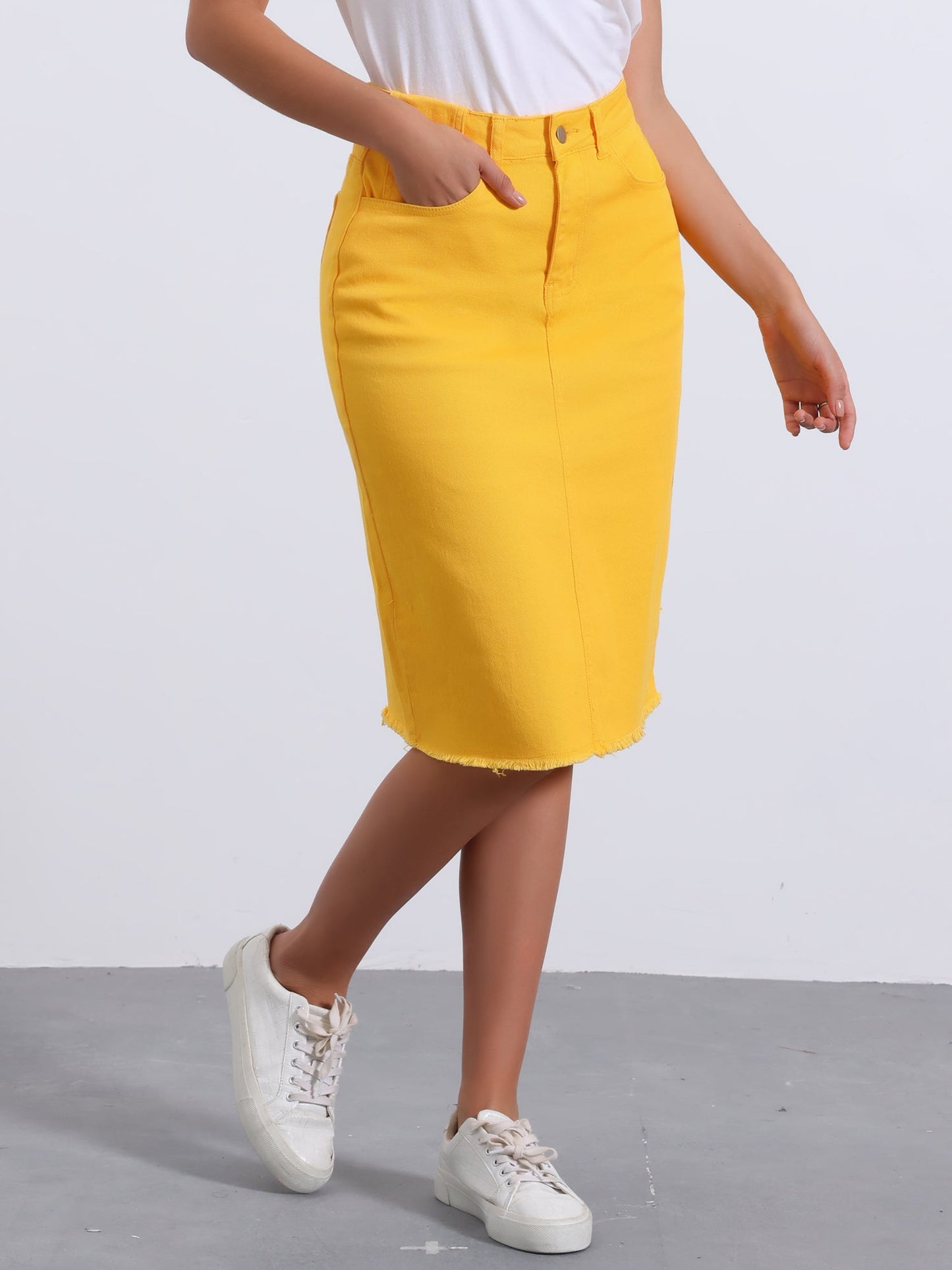 Elegant Denim Midi Skirt for Women with High Waist Fitted Straight Style