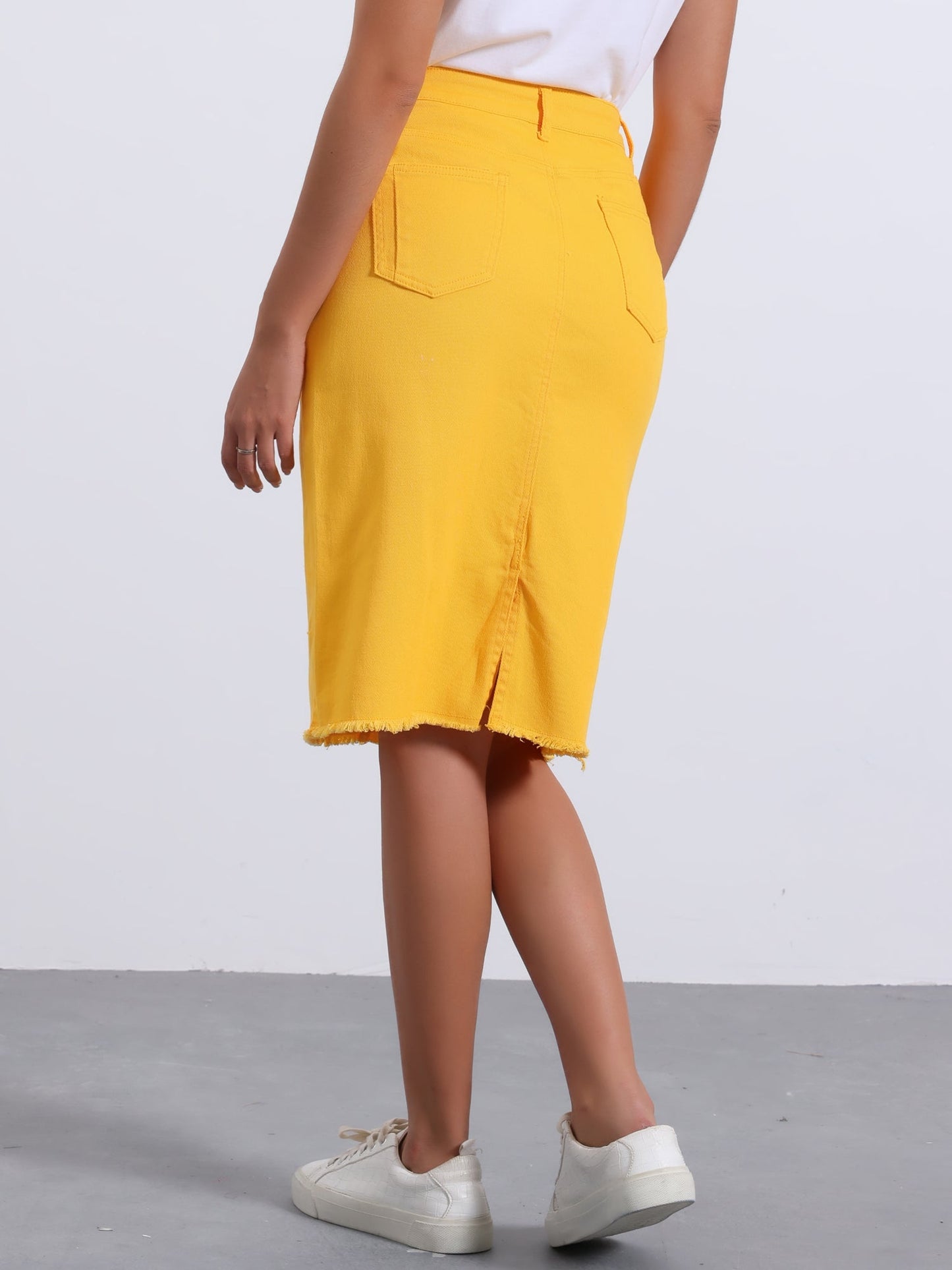 Elegant Denim Midi Skirt for Women with High Waist Fitted Straight Style
