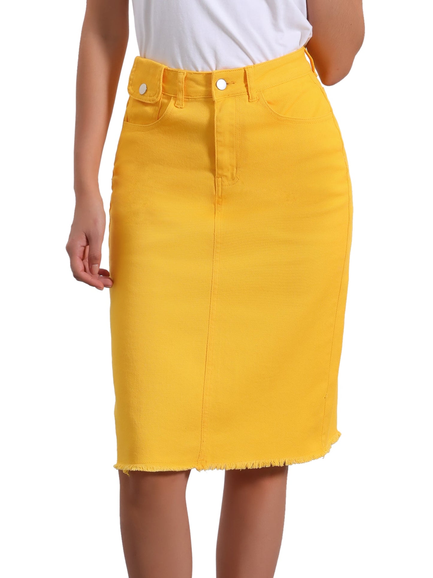 Elegant Denim Midi Skirt for Women with High Waist Fitted Straight Style