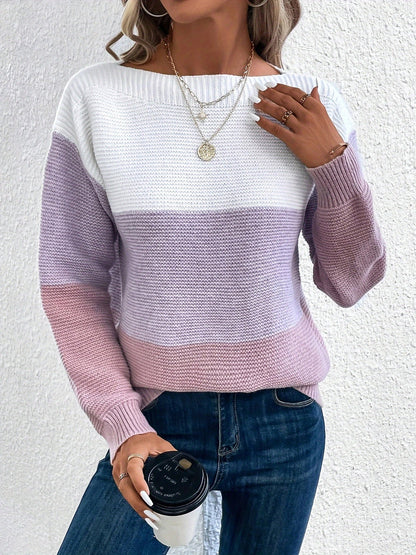 Effortless Colorblock Sweater for Women with Crew Neck Long Sleeve Relaxed Style