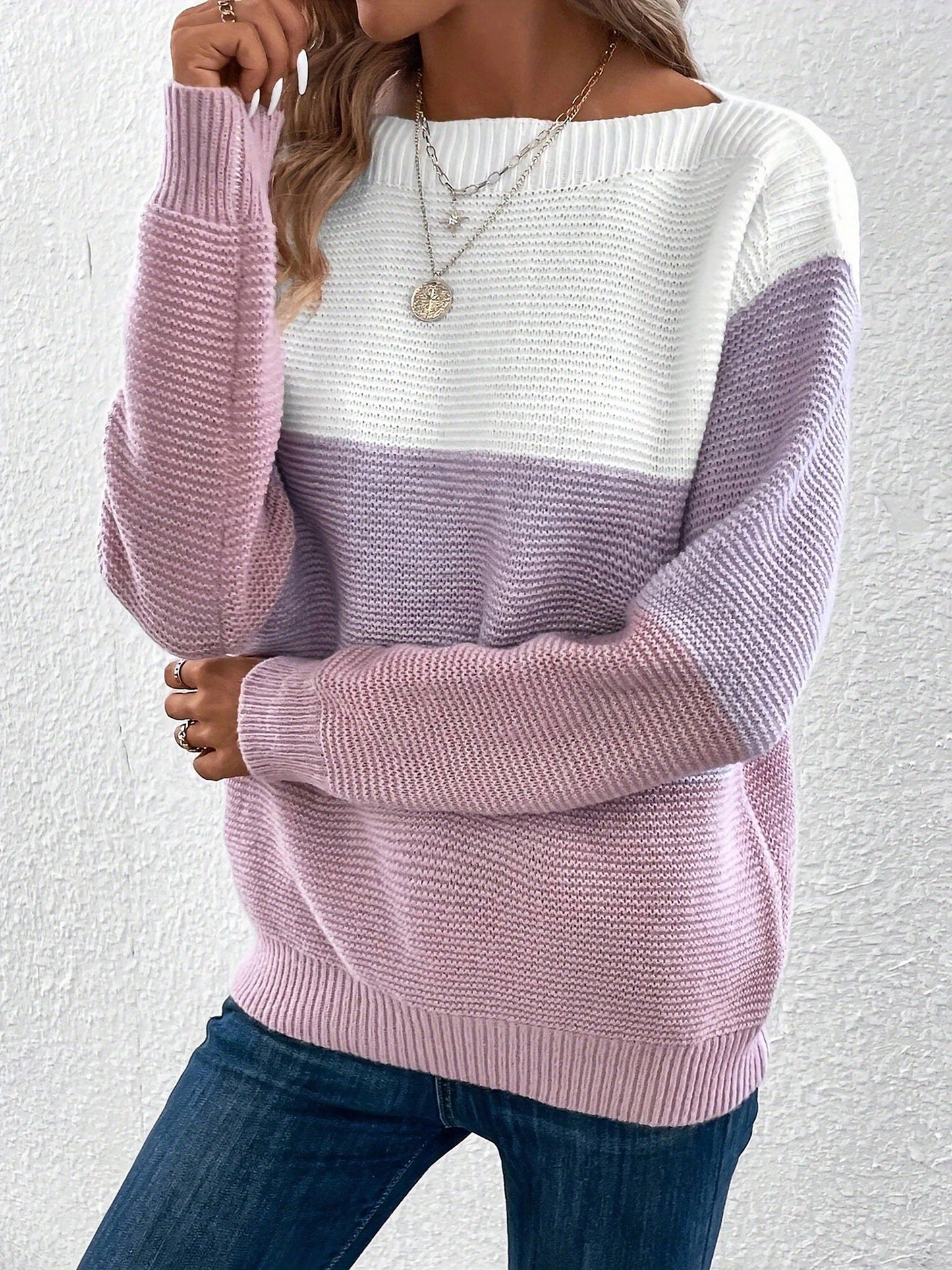 Effortless Colorblock Sweater for Women with Crew Neck Long Sleeve Relaxed Style