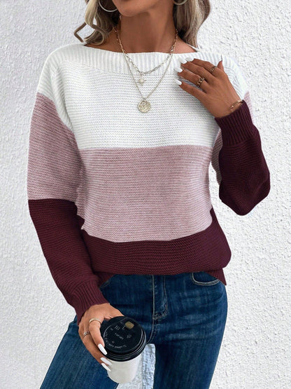 Effortless Colorblock Sweater for Women with Crew Neck Long Sleeve Relaxed Style