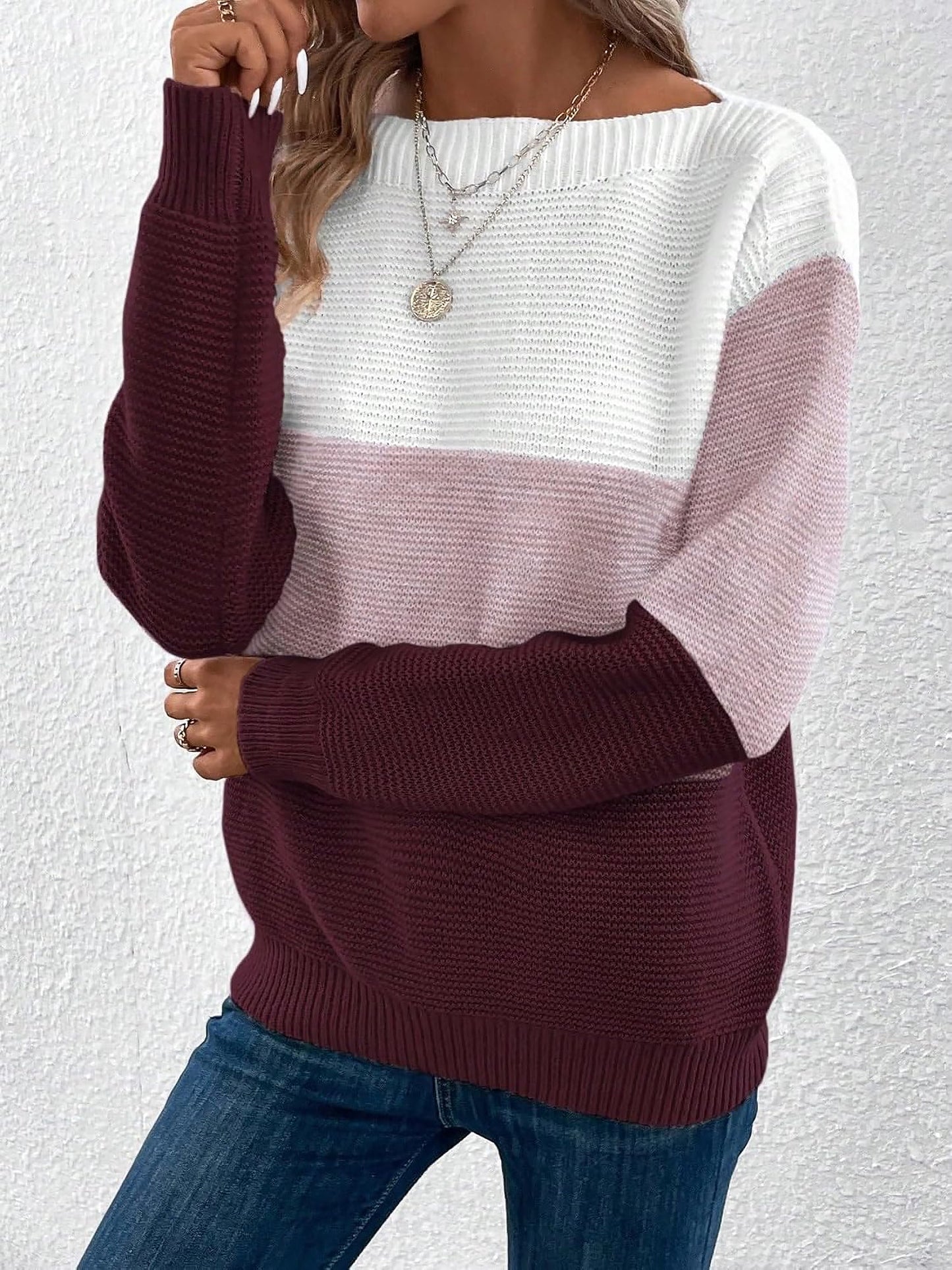 Effortless Colorblock Sweater for Women with Crew Neck Long Sleeve Relaxed Style