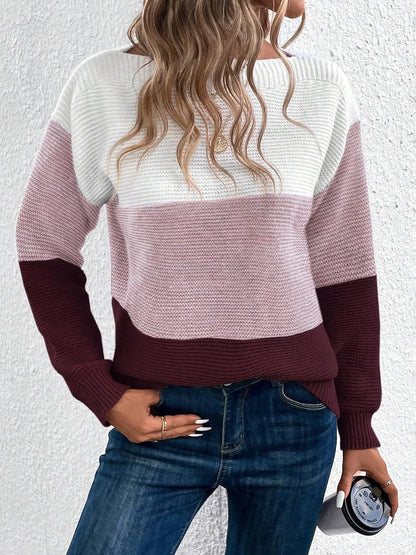Effortless Colorblock Sweater for Women with Crew Neck Long Sleeve Relaxed Style