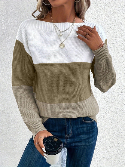 Effortless Colorblock Sweater for Women with Crew Neck Long Sleeve Relaxed Style