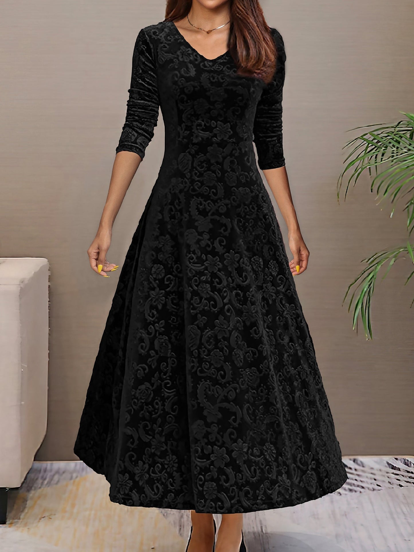 Elegant Floral Maxi Dress for Women with V-Neck Long Sleeve A Line Style