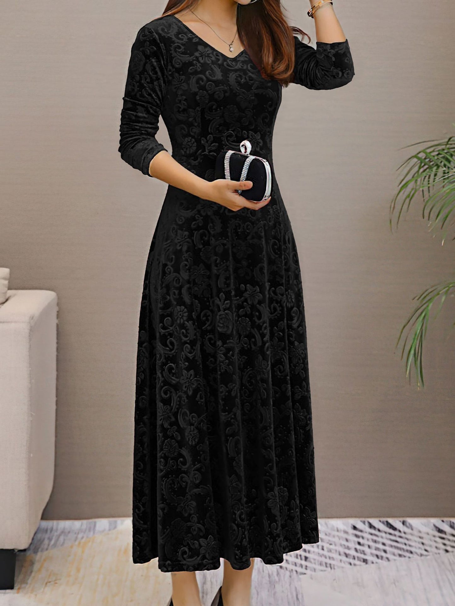 Elegant Floral Maxi Dress for Women with V-Neck Long Sleeve A Line Style