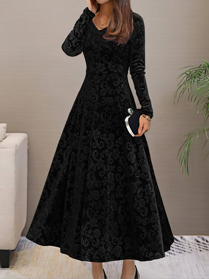 Elegant Floral Maxi Dress for Women with V-Neck Long Sleeve A Line Style