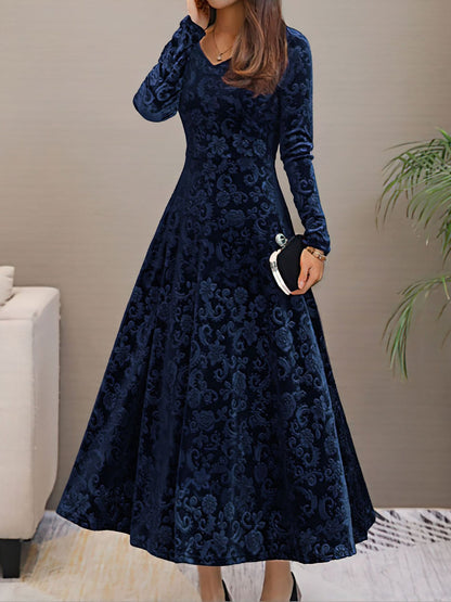 Elegant Floral Maxi Dress for Women with V-Neck Long Sleeve A Line Style