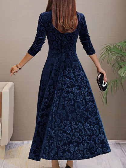 Elegant Floral Maxi Dress for Women with V-Neck Long Sleeve A Line Style
