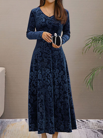 Elegant Floral Maxi Dress for Women with V-Neck Long Sleeve A Line Style