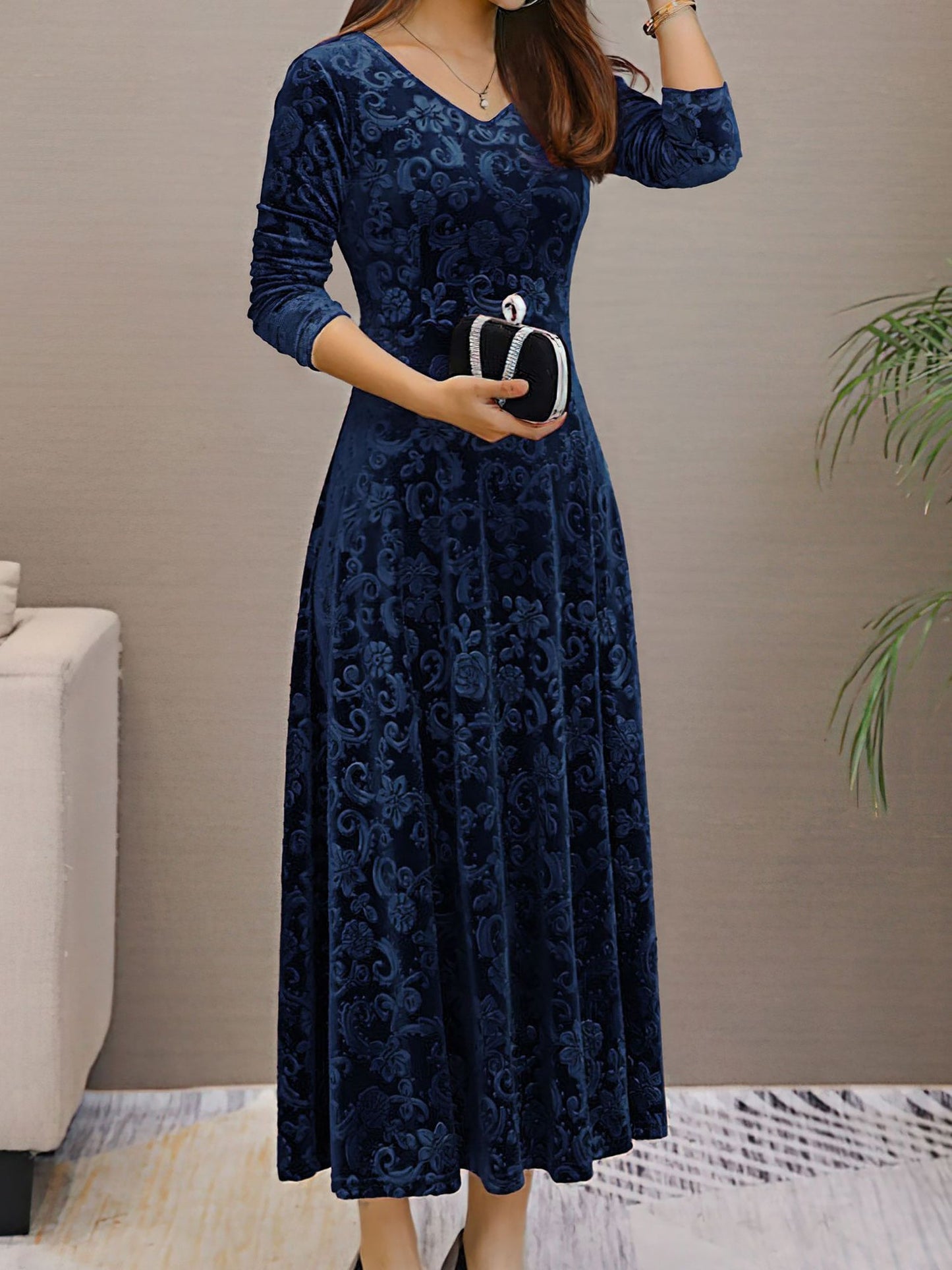 Elegant Floral Maxi Dress for Women with V-Neck Long Sleeve A Line Style