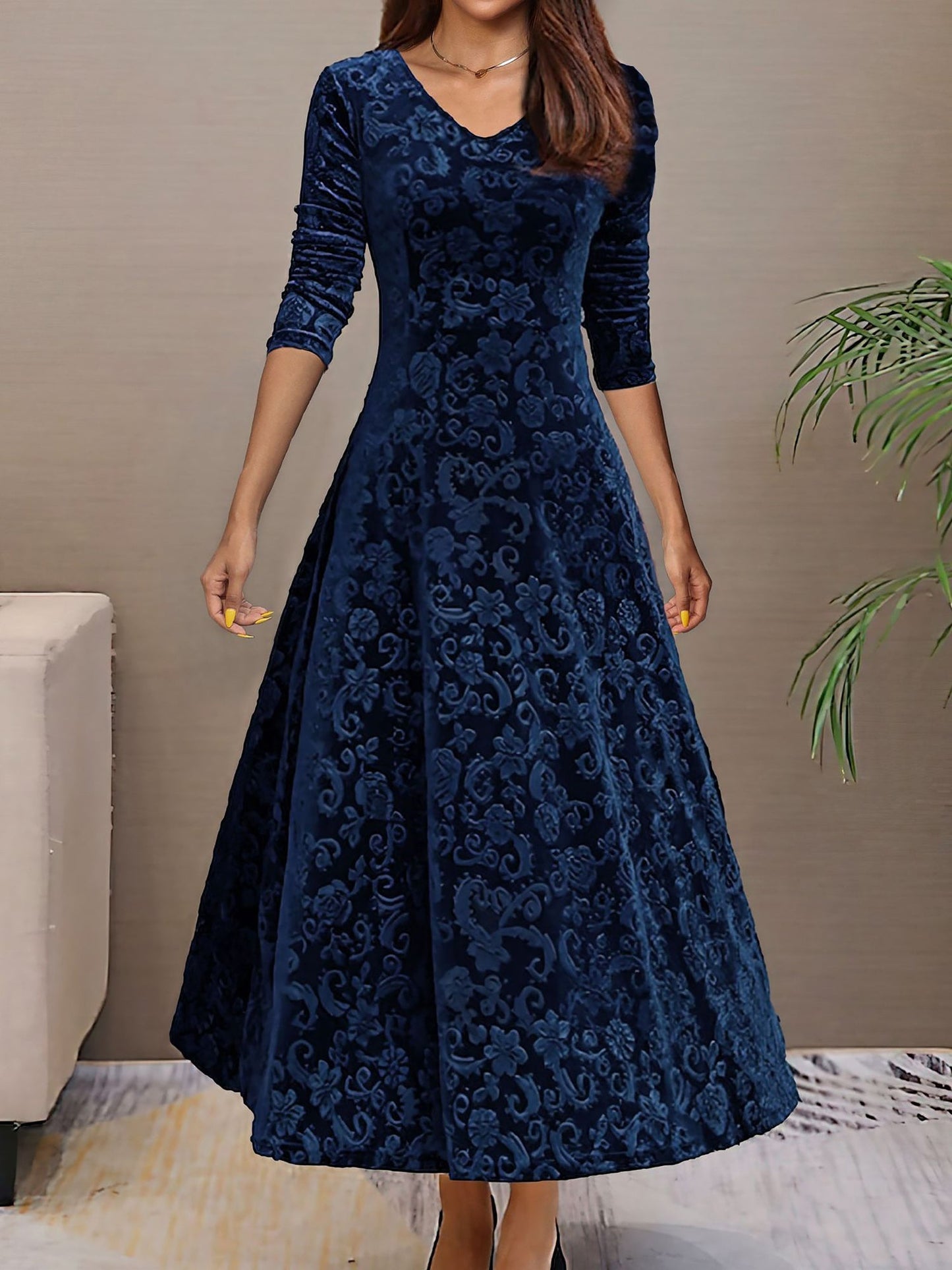 Elegant Floral Maxi Dress for Women with V-Neck Long Sleeve A Line Style