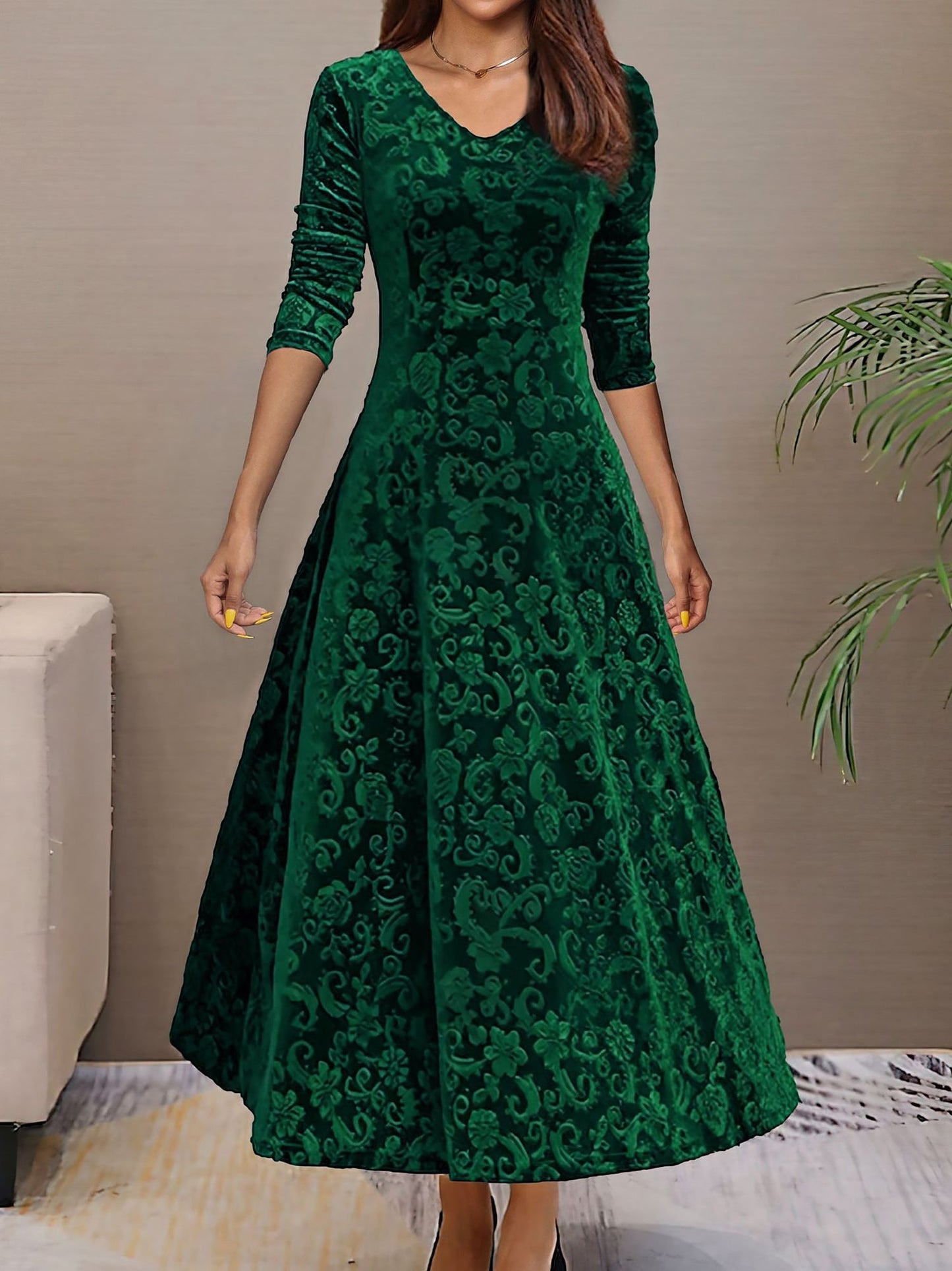 Elegant Floral Maxi Dress for Women with V-Neck Long Sleeve A Line Style