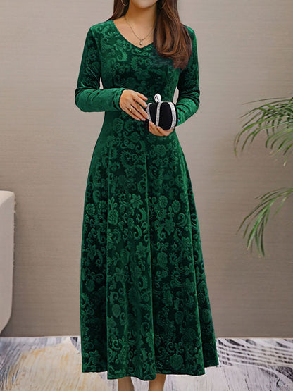 Elegant Floral Maxi Dress for Women with V-Neck Long Sleeve A Line Style