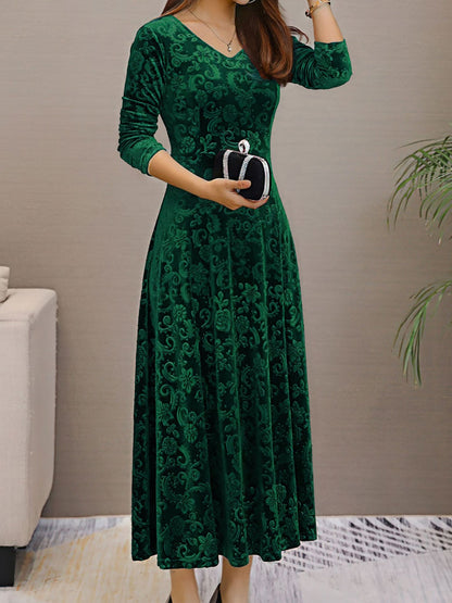 Elegant Floral Maxi Dress for Women with V-Neck Long Sleeve A Line Style