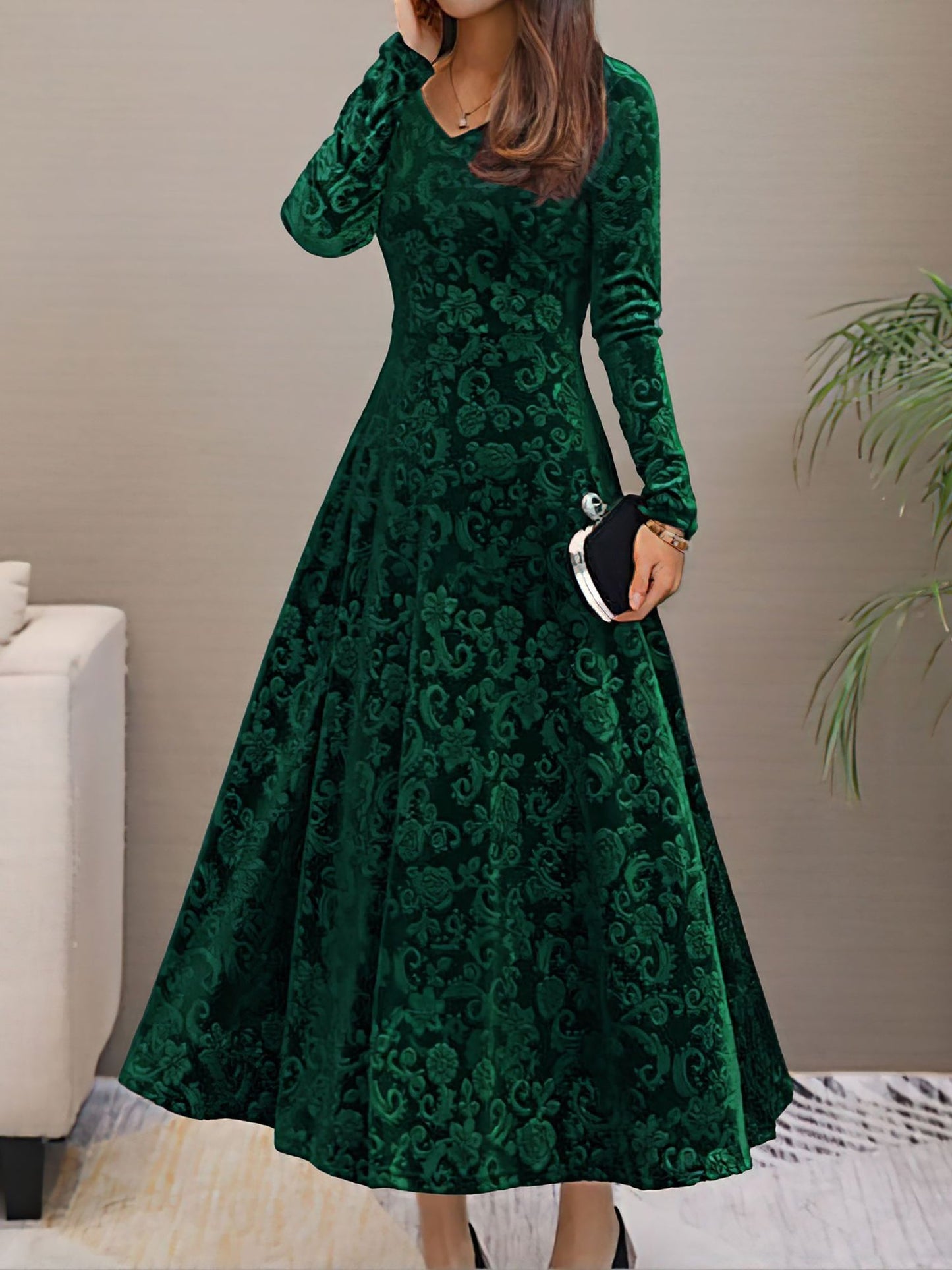 Elegant Floral Maxi Dress for Women with V-Neck Long Sleeve A Line Style