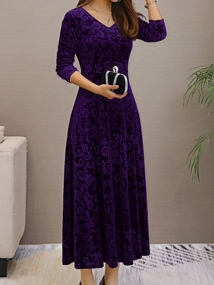 Elegant Floral Maxi Dress for Women with V-Neck Long Sleeve A Line Style
