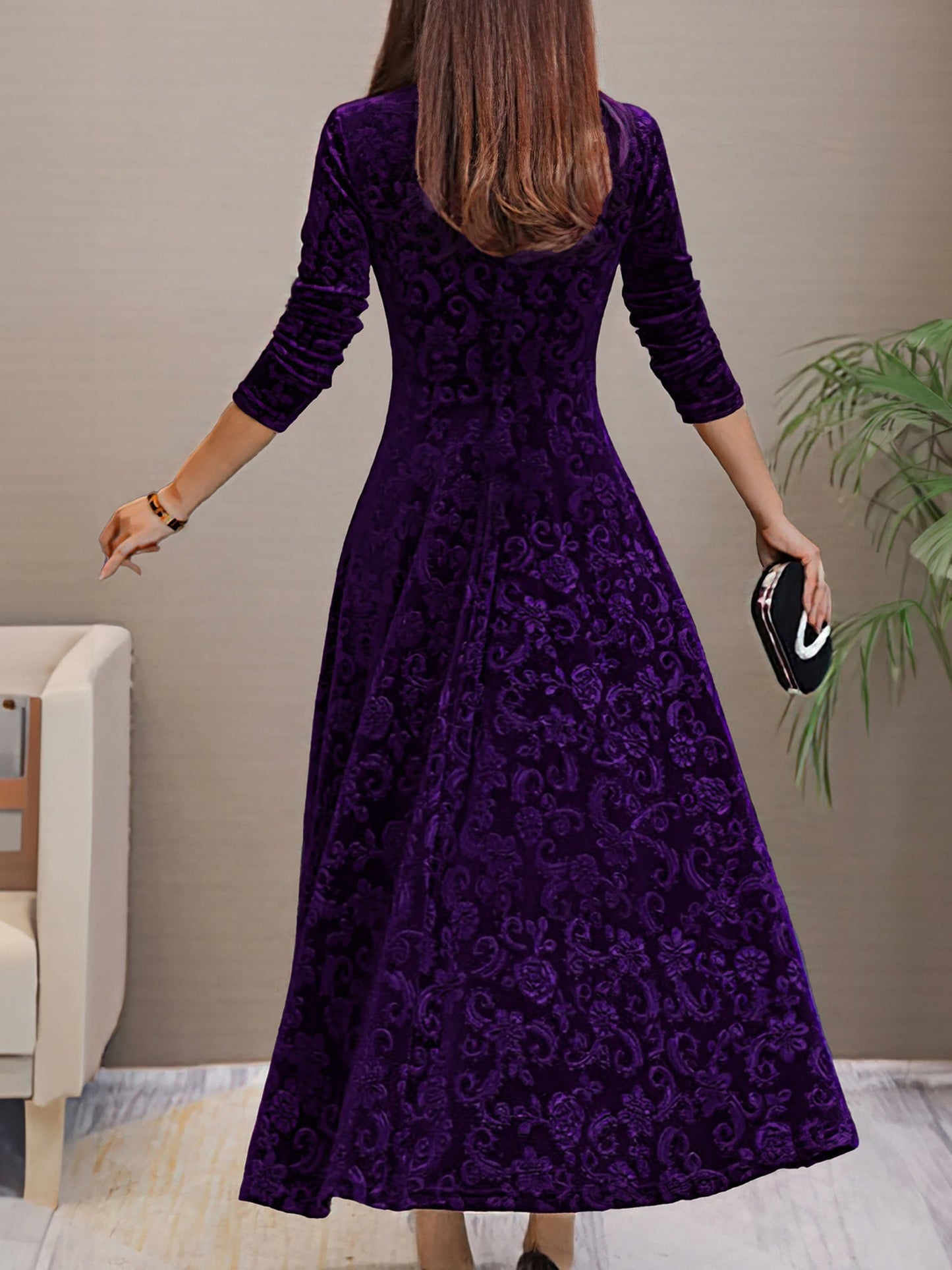 Elegant Floral Maxi Dress for Women with V-Neck Long Sleeve A Line Style
