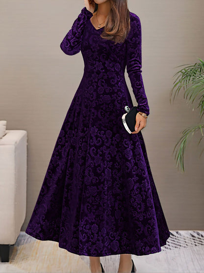 Elegant Floral Maxi Dress for Women with V-Neck Long Sleeve A Line Style